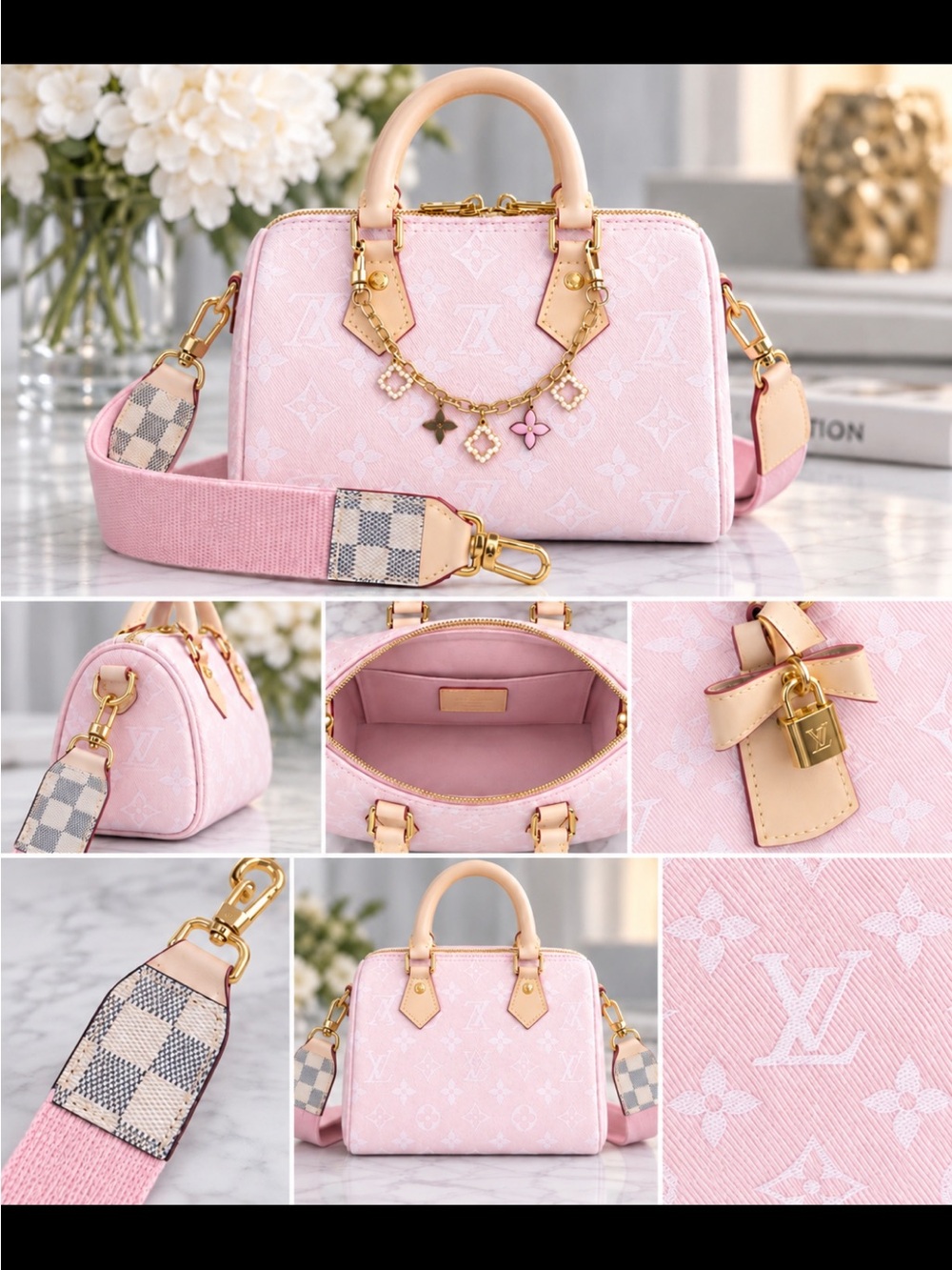 FASHION Pink Denim Satchel 20 with 2 straps and charms